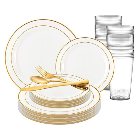 Smarty Had A Party White with Gold Edge Rim Plastic Wedding Value Set, 720PK GWVPP120